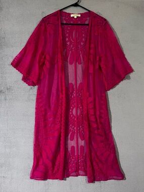 Rebellion Magenta Pink Lace-Detail Sheer Kimono Duster Coverup Robe Womens XL